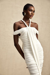 A white midi dress with braided rope details named Emeline featuring a sleek design and elegant silhouette