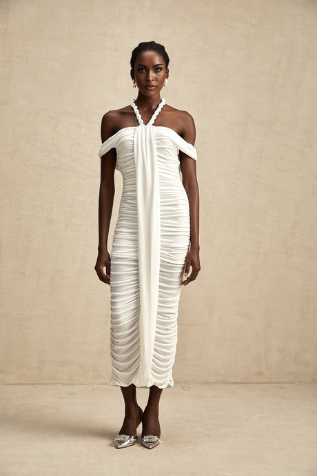 A white midi dress with braided rope details named Émeline
