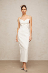 A white midi dress with corsetstyle bodice and bow detail named Isaline