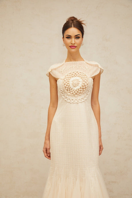A white midi dress with jacquard fabric and tulle panels named Berengere