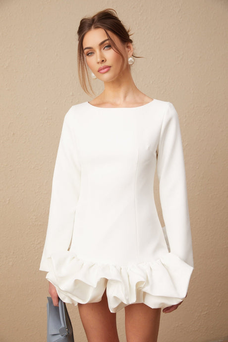 A white mini dress with a bubble skirt and a fitted bodice featuring short sleeves and a round neckline