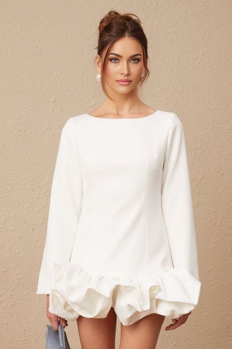 A white mini dress with a bubble skirt and short sleeves featuring a fitted bodice and flared bottom