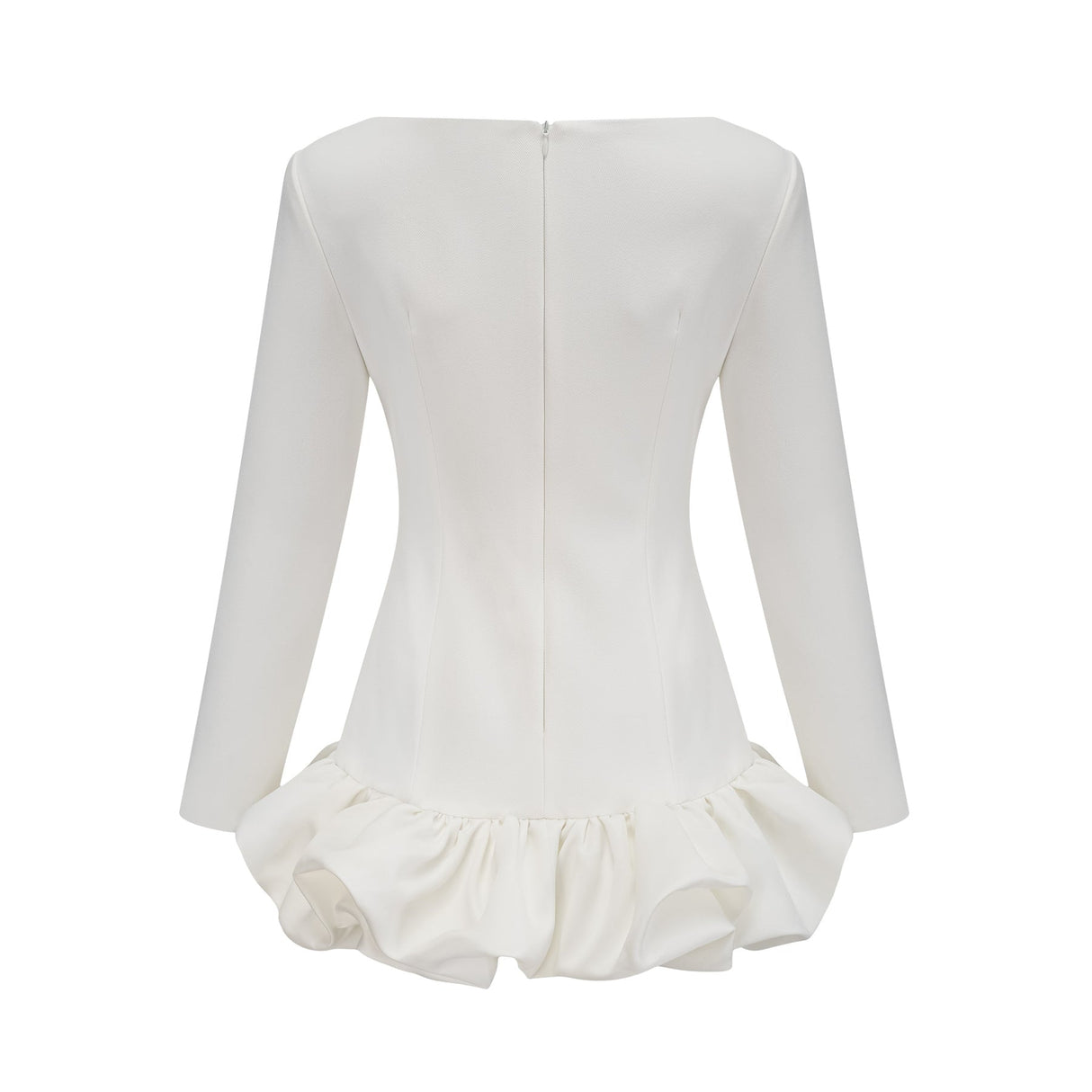 A white mini dress with a bubble skirt featuring a fitted bodice and short puffed sleeves