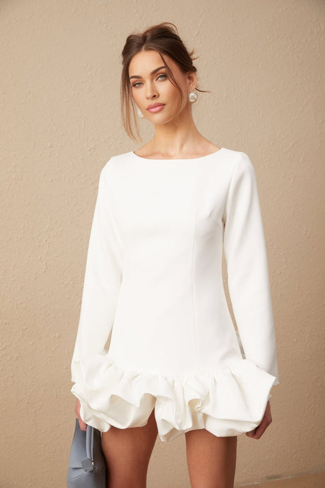 A white mini dress with a bubble skirt featuring a fitted bodice and short sleeves named Elodie