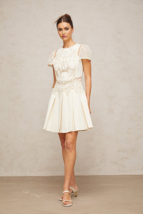 A white mini dress with delicate flower embroidery throughout featuring short sleeves and a fitted silhouette