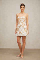 A white mini dress with floral applique details named Veronica