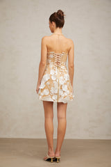 A white mini dress with floral appliques featuring a delicate Veronica flower design