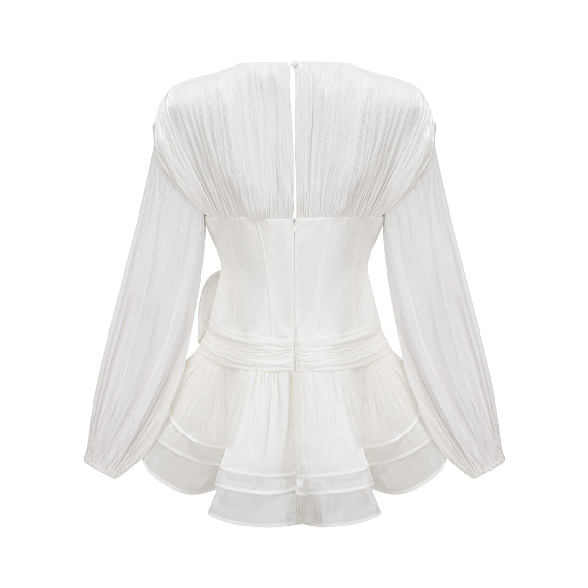 A white mini dress with full pleats and a cinched waist featuring a rosier design