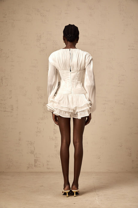 A white mini dress with full pleats and a cinched waist featuring a rosier design