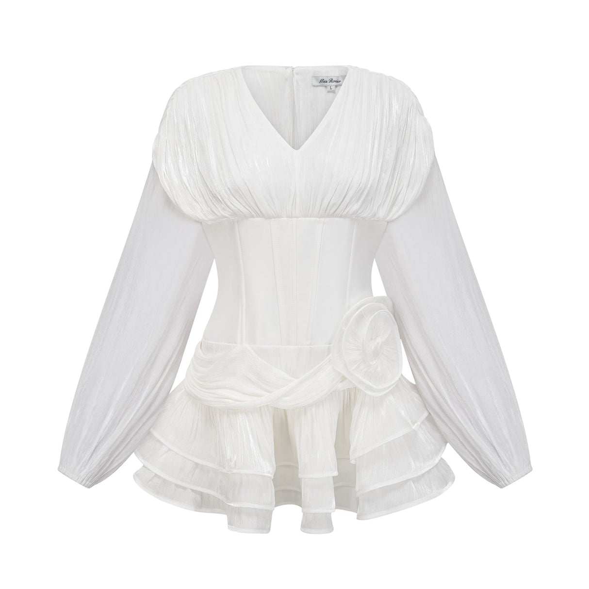 A white mini dress with full pleats and a cinched waist featuring a rosier style design