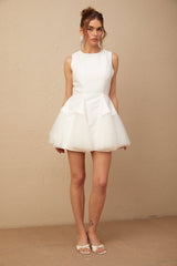 A white mini dress with puff sleeves and tulle panel details featuring a fitted bodice and flared skirt