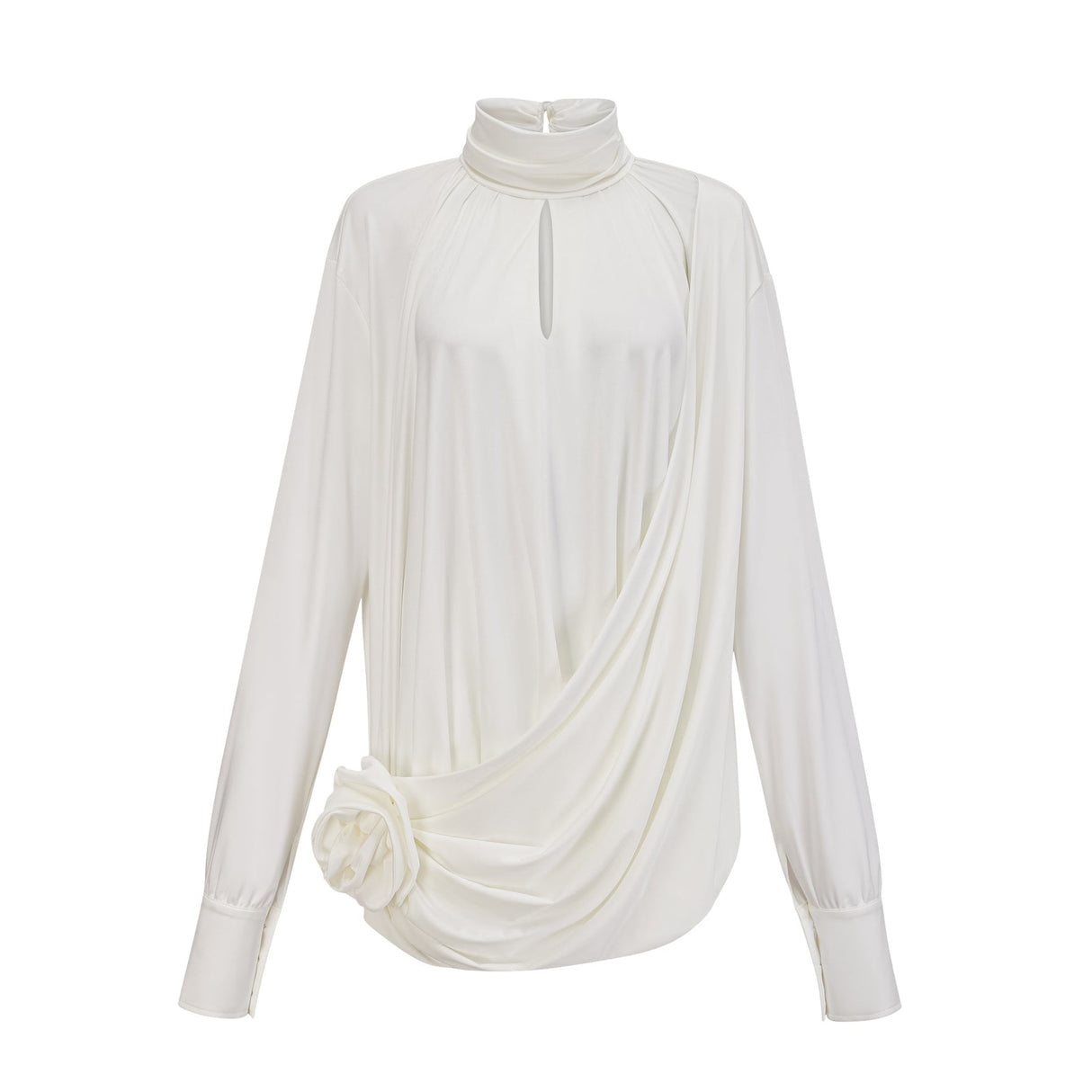 A white mini dress with ruched detailing and faux flower embellishments on a female model
