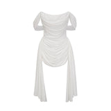 A white mini dress with ruched fabric and ribbon design details featuring a short hemline and feminine silhouette
