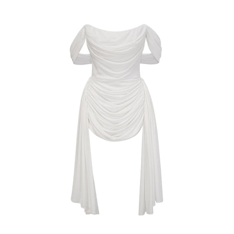 A white mini dress with ruched fabric and ribbon design details featuring a short hemline and feminine silhouette