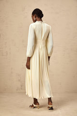 A white pleated midi dress with crystal trim detail named Yana