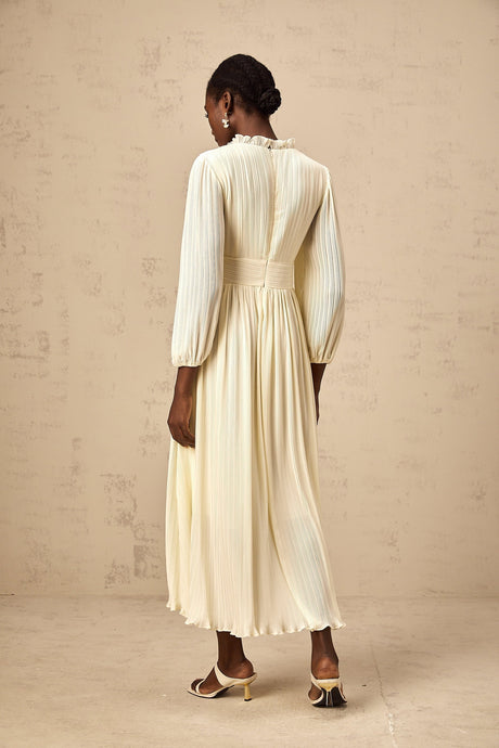 A white pleated midi dress with crystal trim detail named Yana