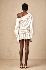 A white satin mini dress with a deconstructed design featuring asymmetrical elements and unconventional structure named Xenia