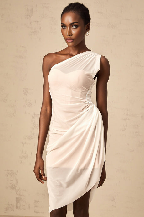 A white semi sheer midi dress with ruched detailing named Ophelie on a plain background