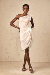 A white semi sheer midi dress with ruched detailing named Ophelie
