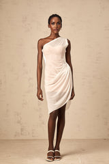 A white semi sheer ruched midi dress with a gathered fabric texture and delicate appearance named Ophélie