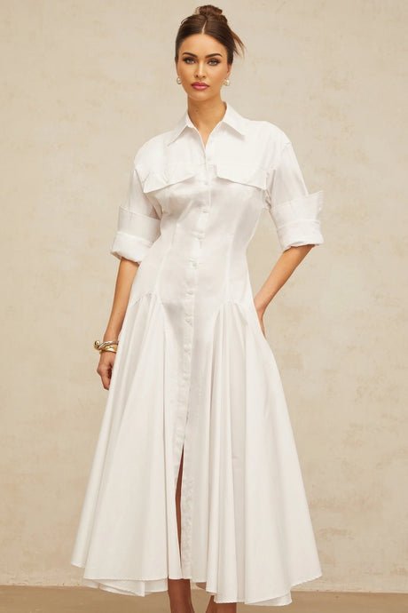 A white shirred shirt dress with a front slit named Dulcie