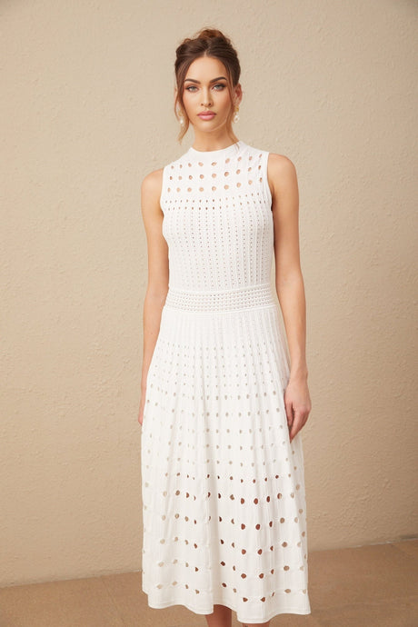A white sleeveless knitted midi dress with cutout details named Charlotte