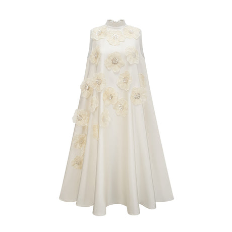 A white sleeveless midi dress with floral applique details named Émilie