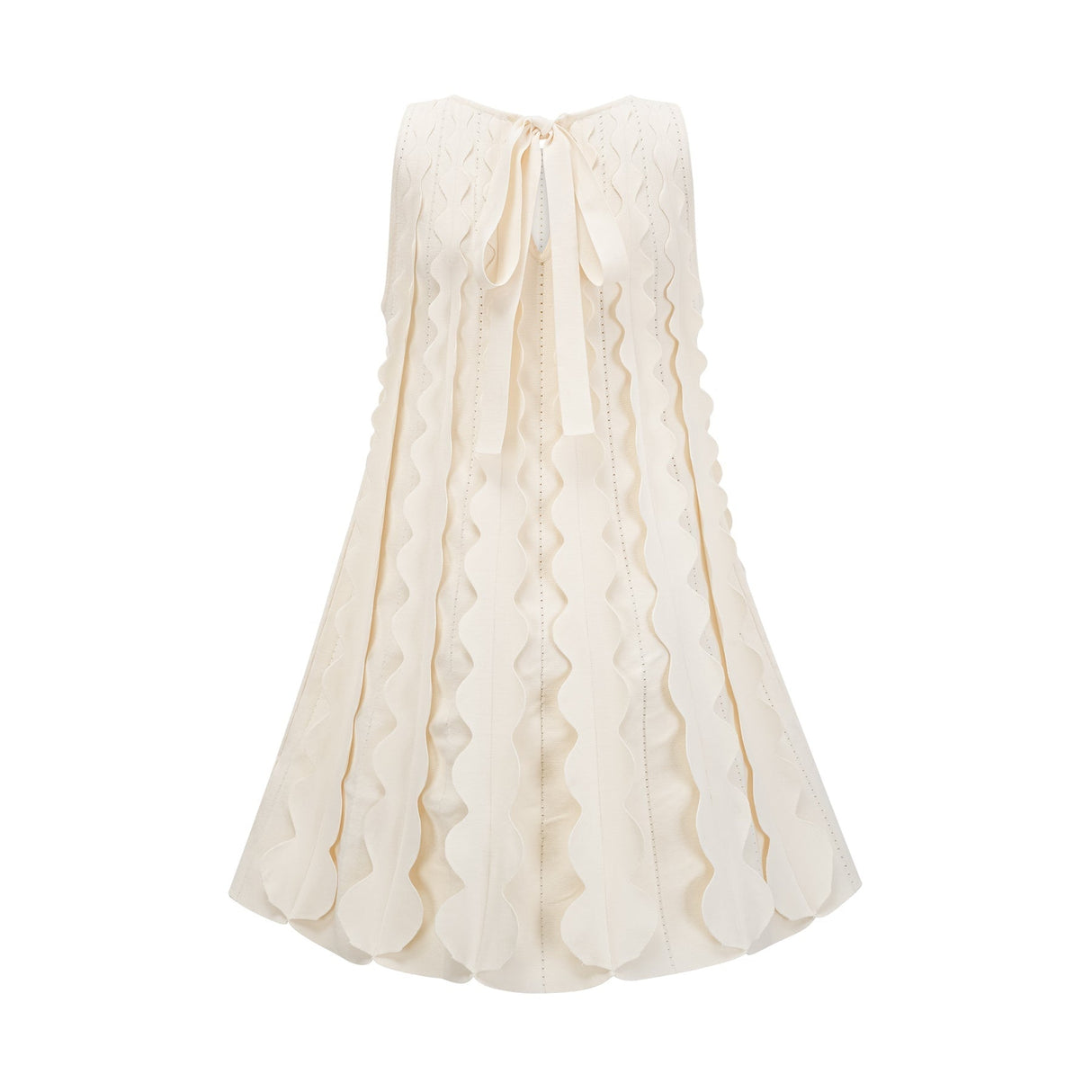 A white sleeveless mini dress with wavy details called Axelle