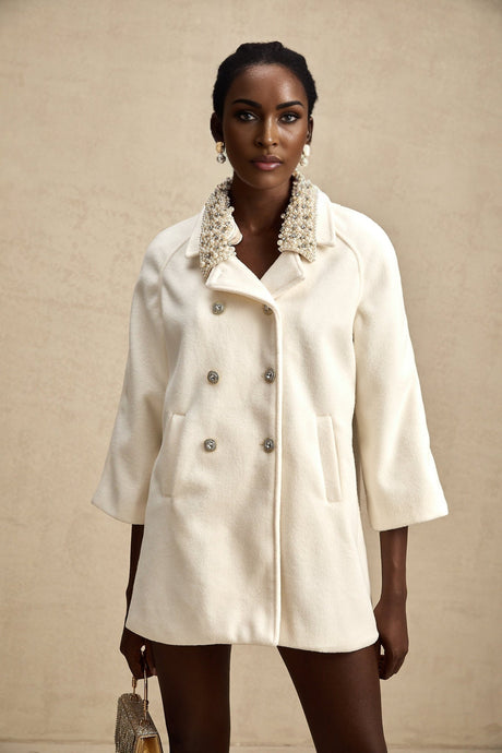 A white woolen coat with embellishments named Fabienne