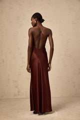 A winered maxi dress with lace panels and a satin finish named Eléonore