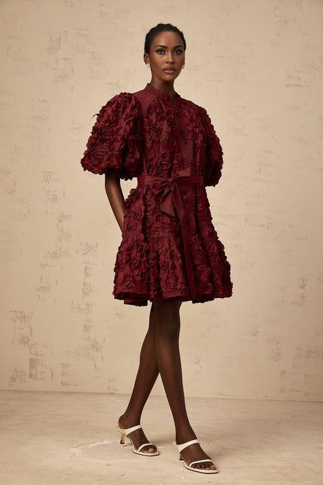 A winered mini dress with 3D petal puff detailing named Segolene