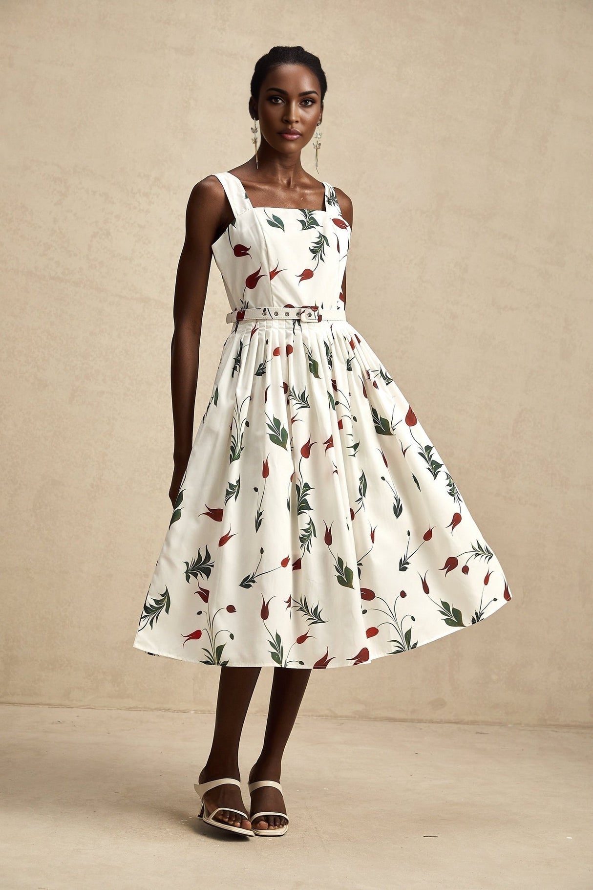 A woman wearing a floral print midi dress with a poplin fabric standing in a relaxed pose against a plain background The dress features a vibrant pattern of colorful flowers on a light base