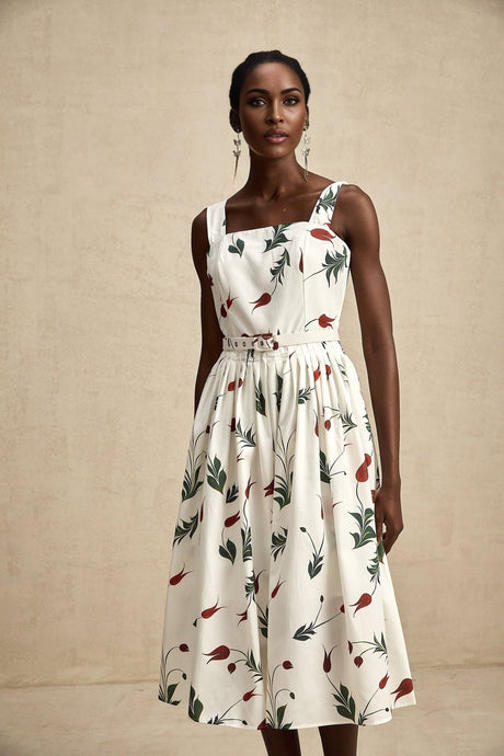 A woman wearing a floral print midi dress with a white background and colorful flower pattern standing in a relaxed pose