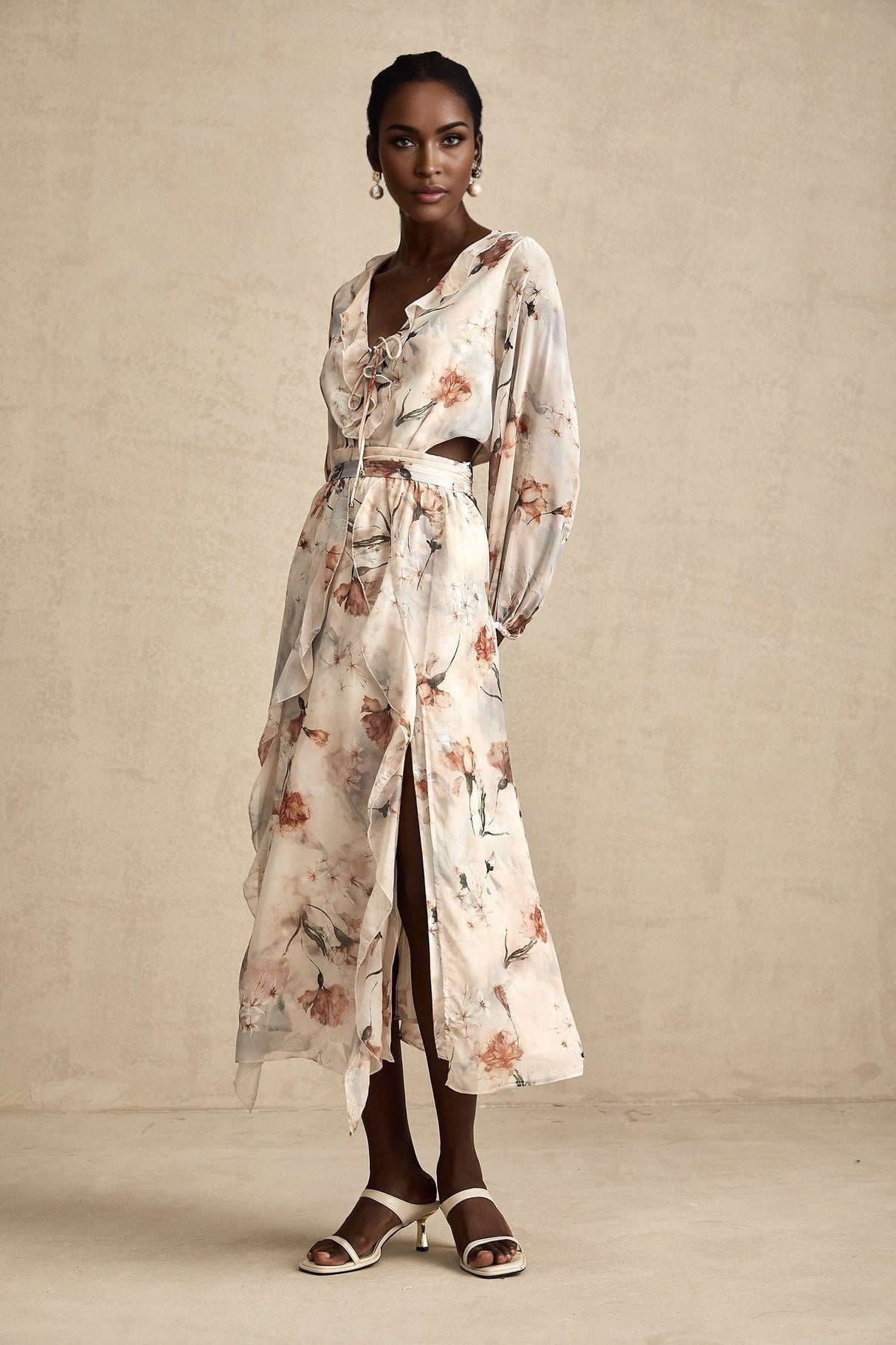 A woman wearing a floral print midi dress with an open waist design The dress features a Berengere style with a colorful floral pattern on a light background