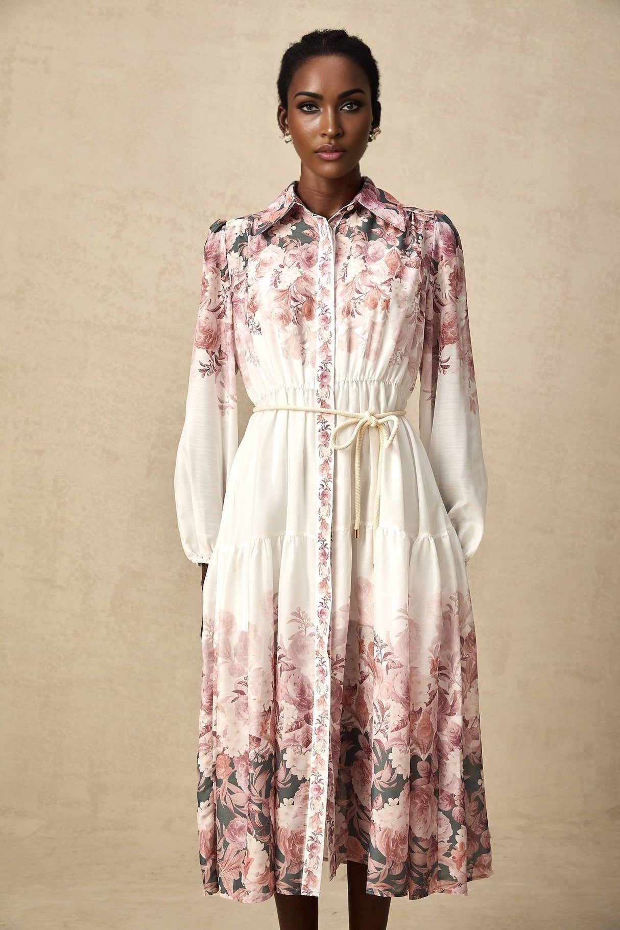 A woman wearing a floral print midi dress with lantern sleeves standing in a relaxed pose against a plain background