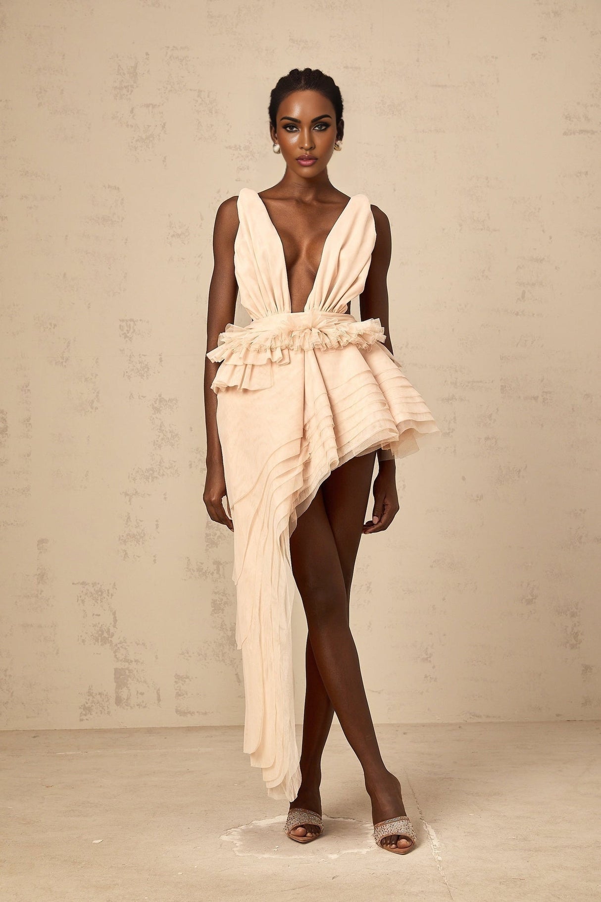 A woman wearing a lightcolored asymmetric mini dress with ribbon design details standing against a plain background