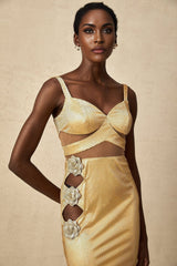 A woman wearing a long golden dress with floral cutout details and a flowing maxi skirt