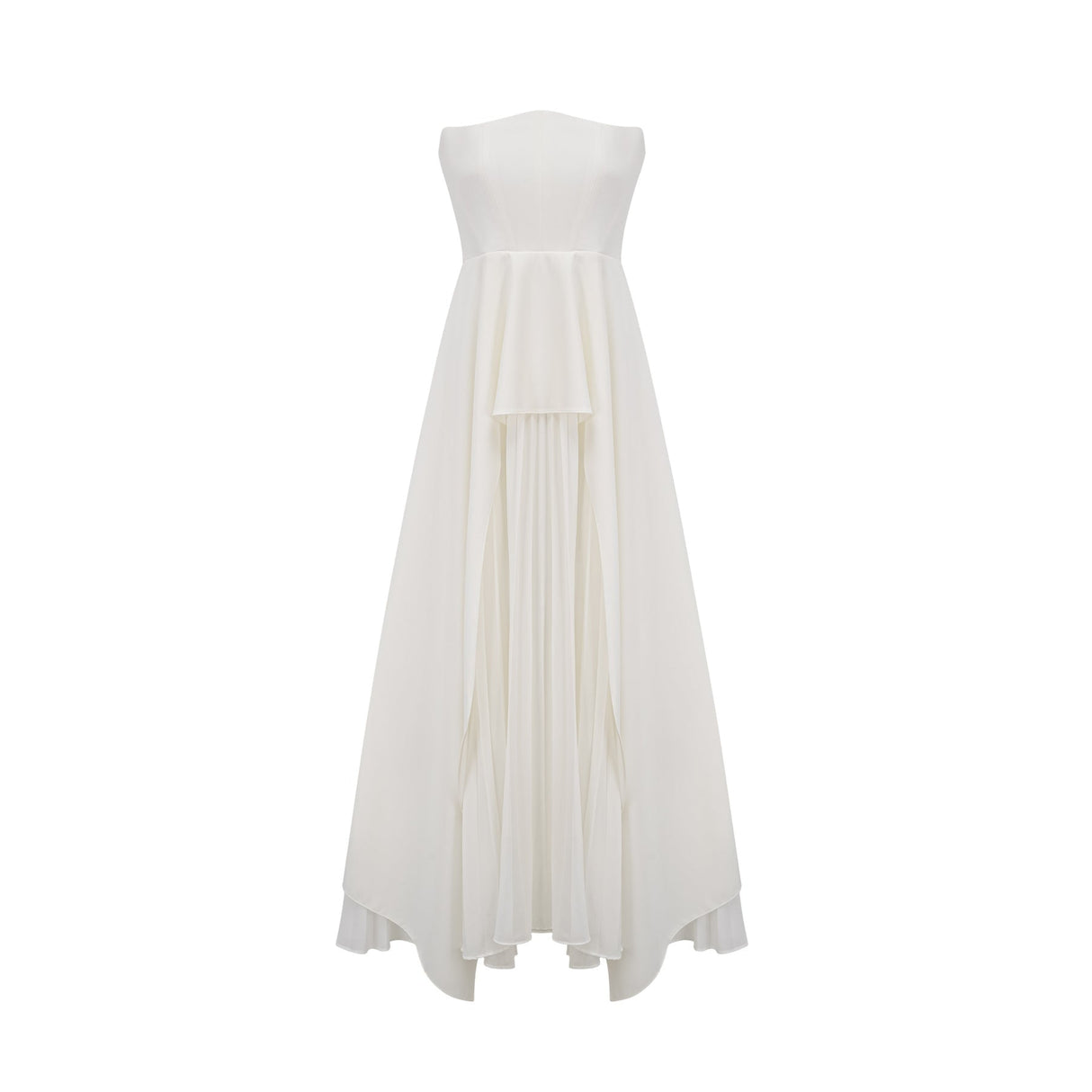 A woman wearing a long white pleated maxi dress with an offshoulder neckline