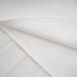 A woman wearing a long white pleated offshoulder maxi dress with a flowing skirt standing against a plain background