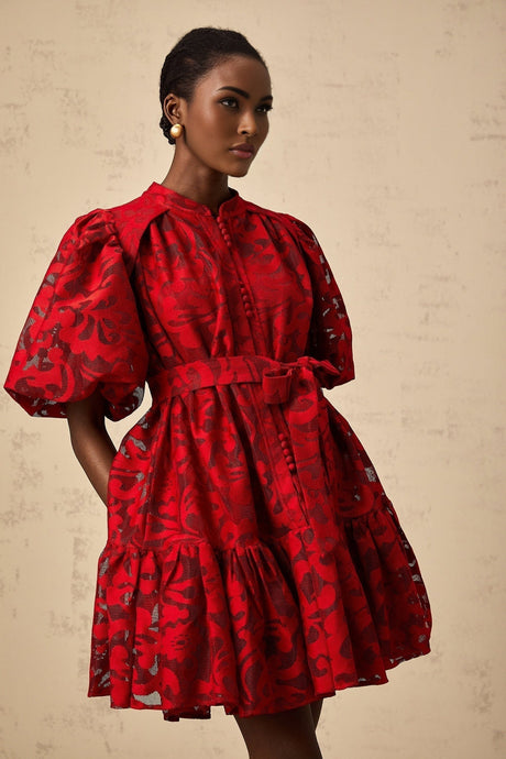 A woman wearing a red jacquard mini dress with semi sheer fabric standing in a relaxed pose against a plain background