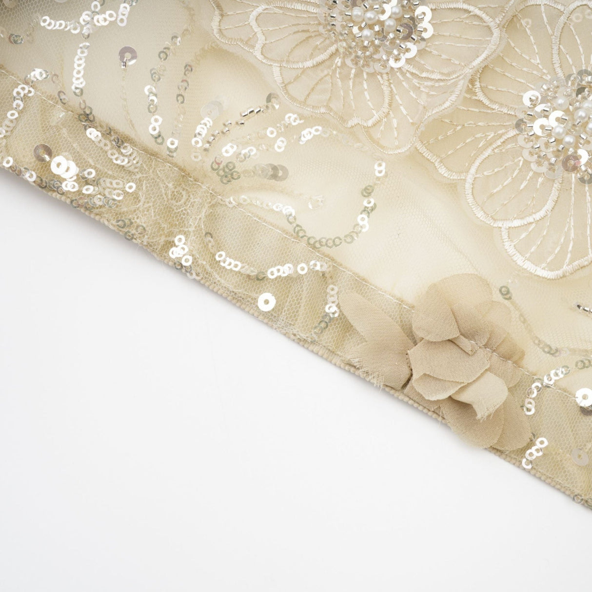 A woman wearing a sheer floral jacket with beaded embellishments and delicate organza fabric in a light luxurious style