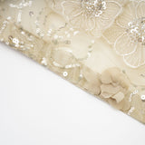 A woman wearing a sheer floral jacket with beaded embellishments and delicate organza fabric in a light luxurious style