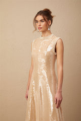 A woman wearing a shimmering midi dress adorned with faux pearls and sequins standing elegantly against a plain background