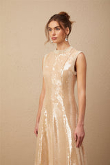 A woman wearing a shimmering midi dress adorned with faux pearls and sequins standing elegantly against a plain background