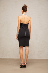 A woman wearing a sleeveless halterneck knit mini dress with colorblocked design featuring contrasting colors on the top and bottom portions of the dress