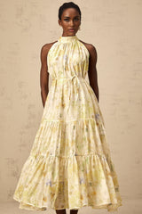 A yellow sleeveless midi dress with a floral print pattern called Ulani