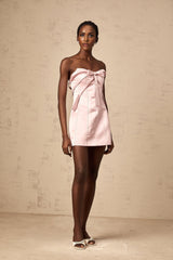 A young woman wearing a pink mini dress with a bowknot detail and Aline silhouette standing against a plain background