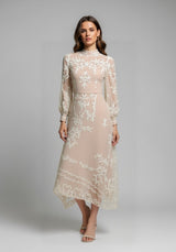 Midi Dress - Stand Collar - Bishop Sleeve - High Waist - Plants Print - Elegant