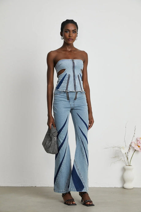 Abigail Denim Top & Jeans Set - Off - the - Shoulder Style - Color - Blocked Design - Cut - Out Detailing - Zips Decoration