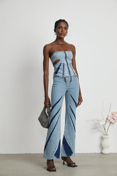 Abigail Denim Top & Jeans Set - Off - the - Shoulder Style - Color - Blocked Design - Cut - Out Detailing - Zips Decoration